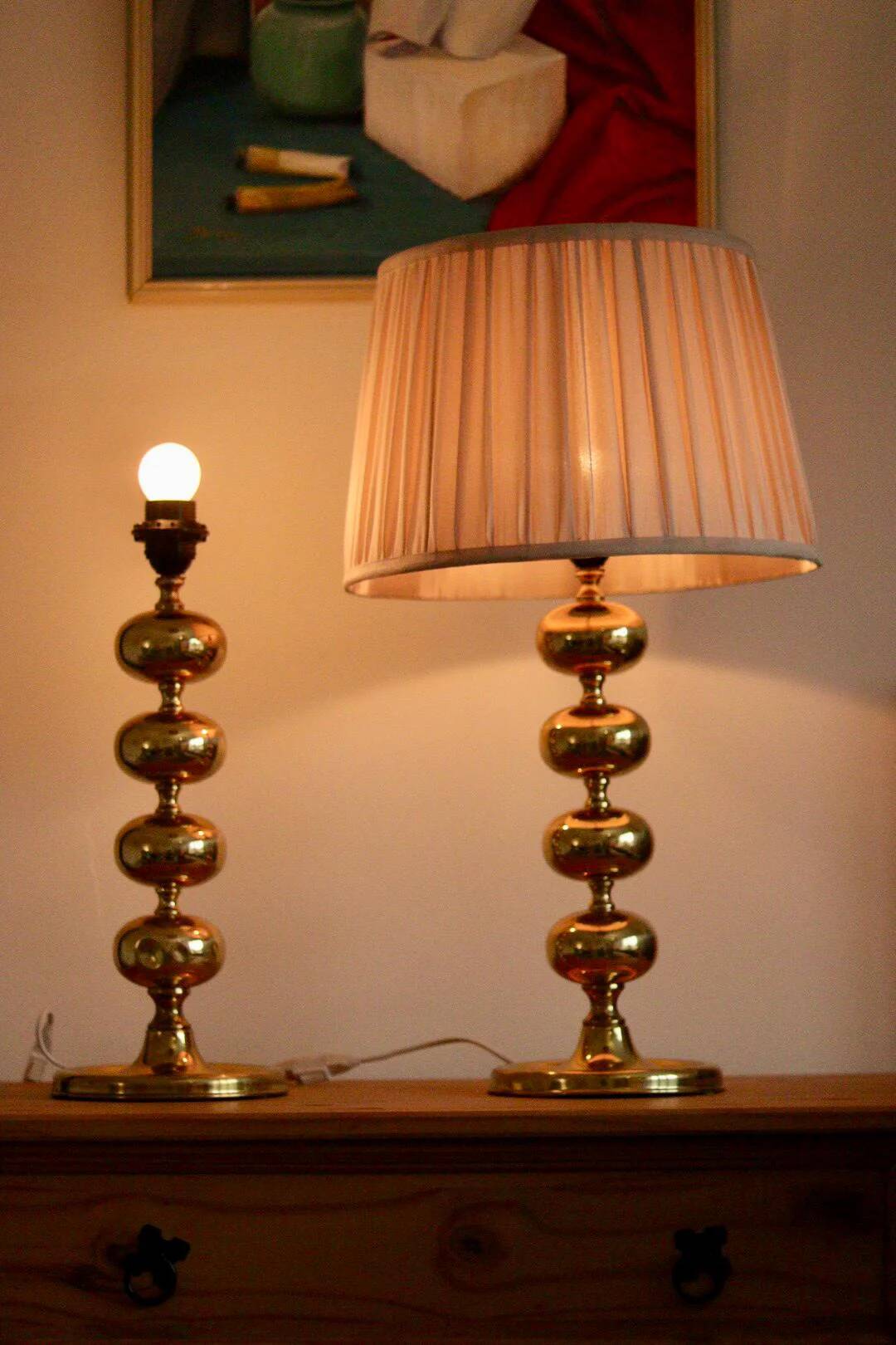 Pair of tall mid-century Swedish brass bobbin lamps by Aneta