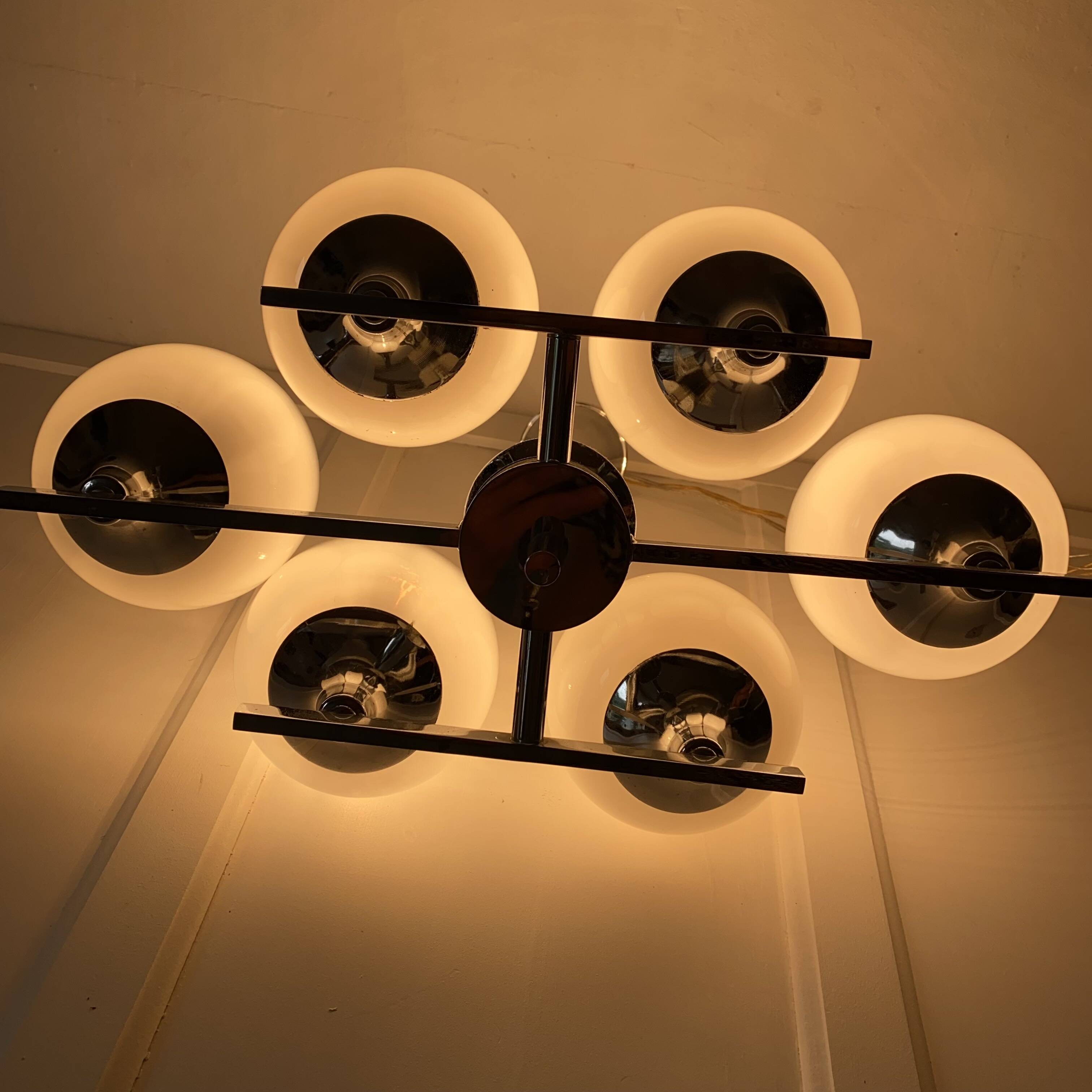 Space Age chandelier, Italian design, chrome and glass