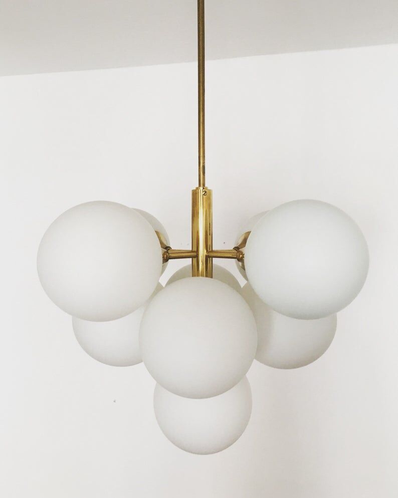 Brass and opaline glass Sputnik chandelier by Kaiser Leuchten