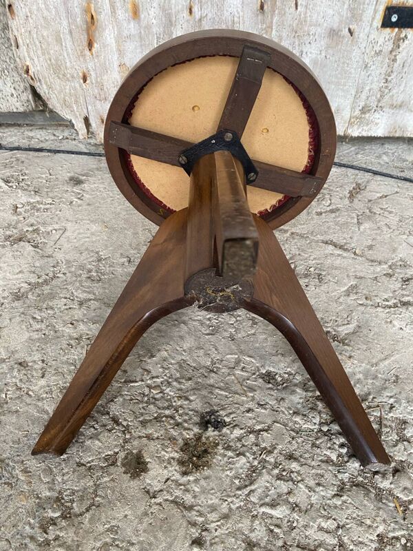 Tabouret Piano Ancien Tripode Bois + Assise Galette Cuir Rouge Vintage