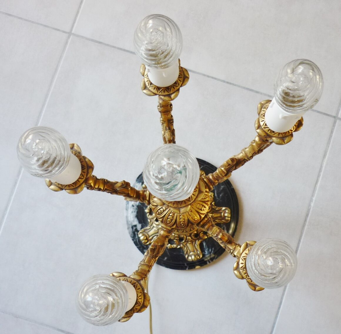 Candelabra, 6-pointed candlestick, marble, bronze, putti decoration, putto