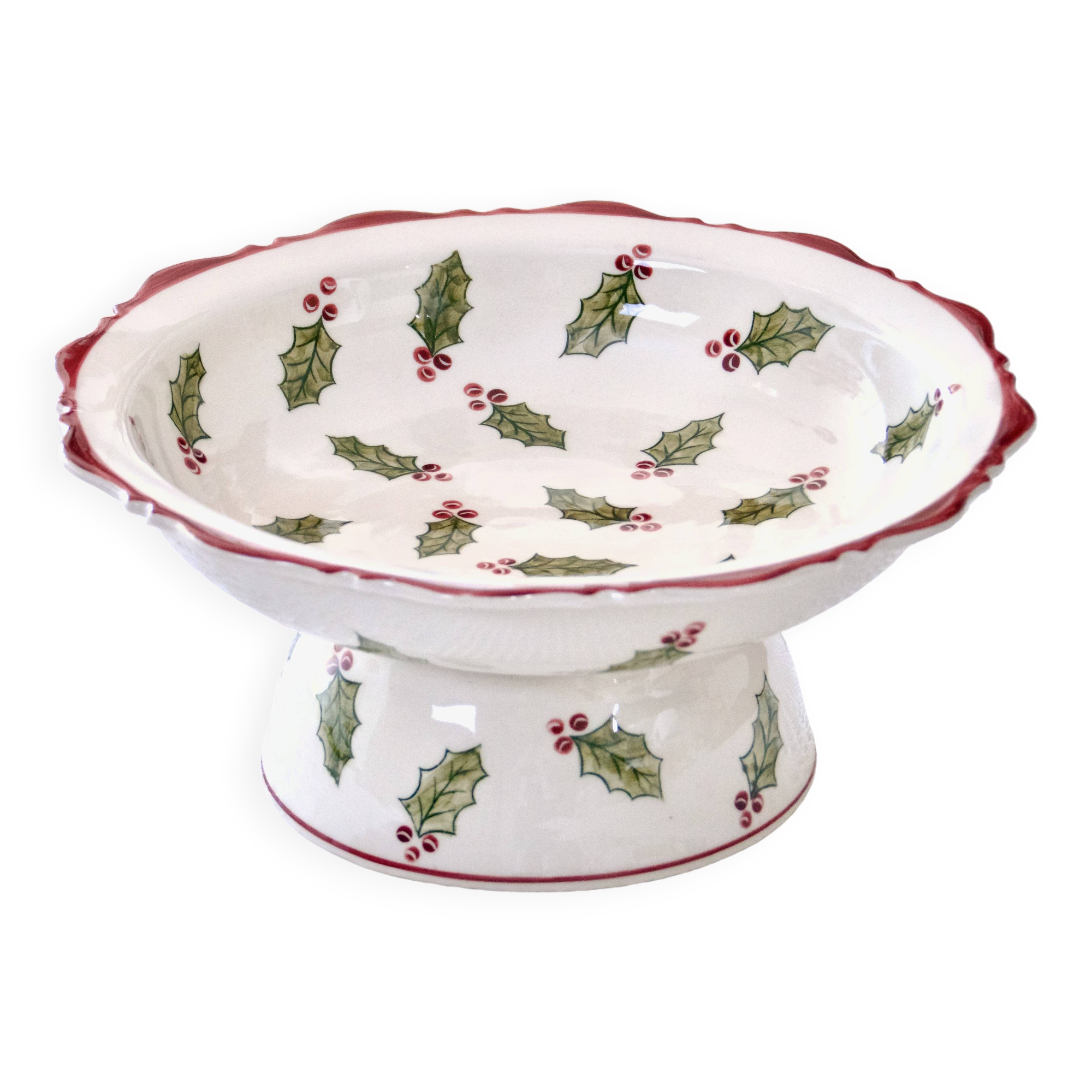 Large hand painted earthenware footed bowl Christmas decor