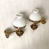 Pair of antique brass and opaline wall lights