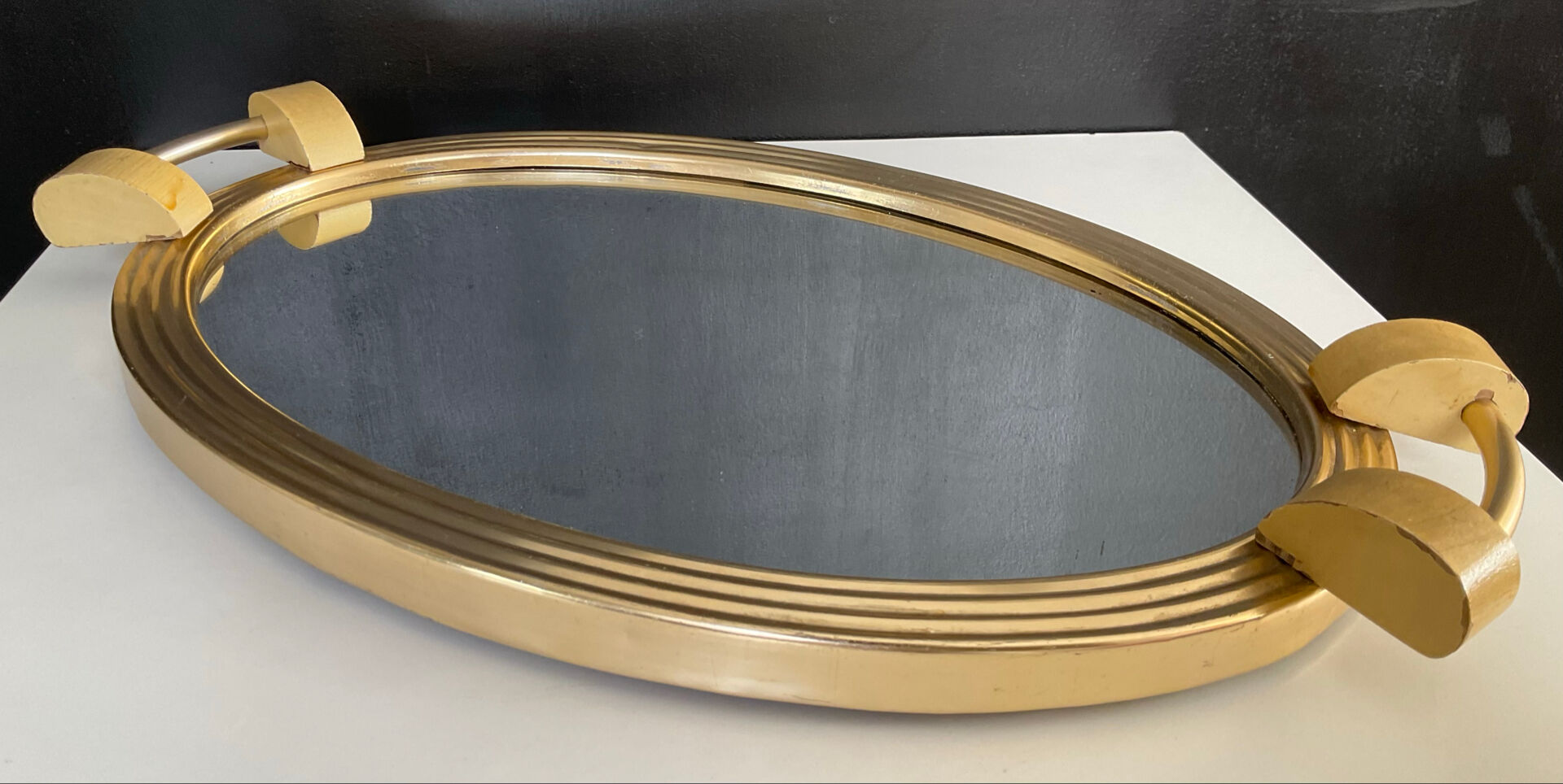 Plateau Art déco en aluminium doré bois et miroir