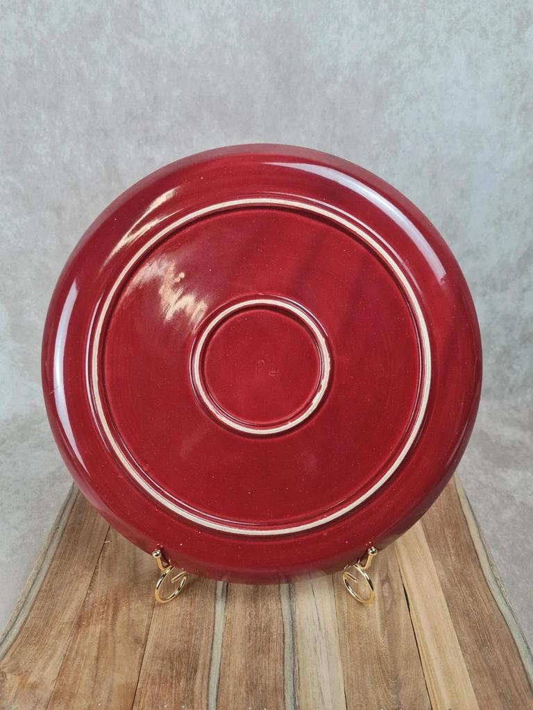 Large antique red cake plate – checkered pattern – attributed to Saint-Clément 🍒