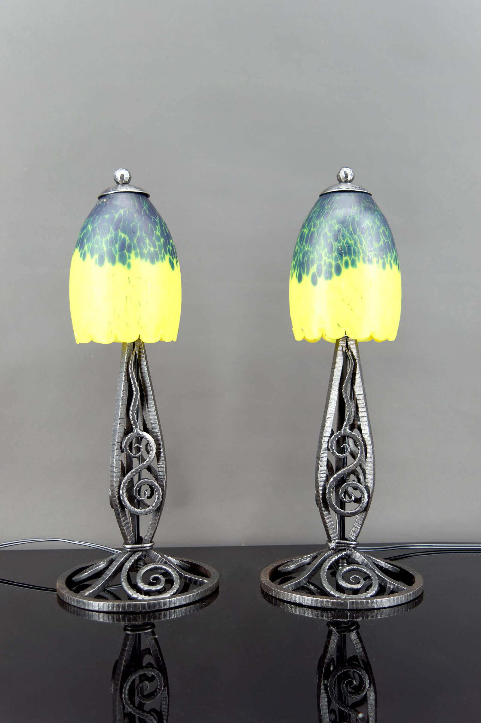 Pair of Wrought Iron & Blown Glass Lamps, France, Art Deco, c. 1930