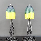 Pair of Wrought Iron & Blown Glass Lamps, France, Art Deco, c. 1930