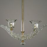 Elegant 2 cup Barovier Art Deco chandelier, Murano glass, brass structure 1940s