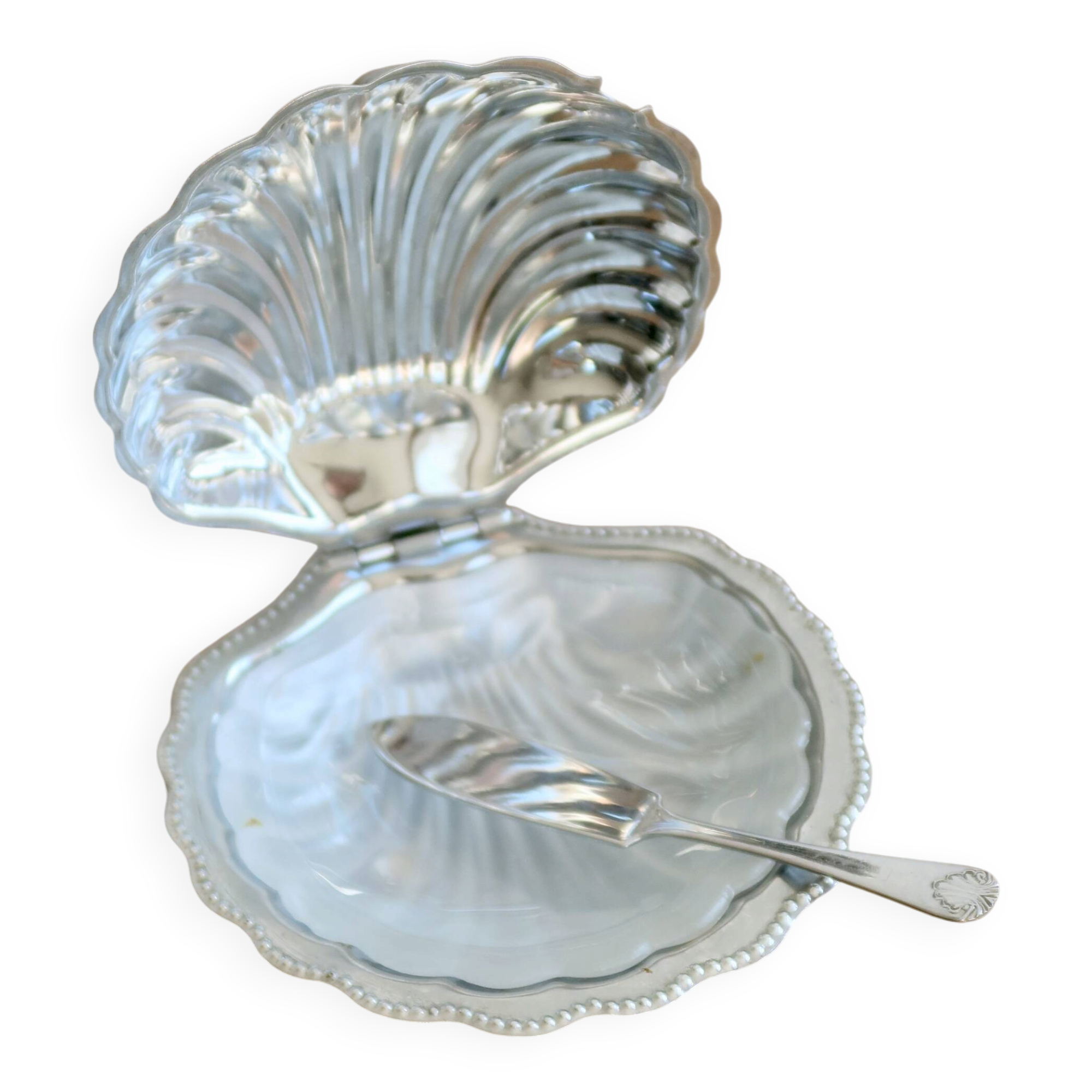 Vintage shell butter dish in silver-plated metal and glass with knife - Style
