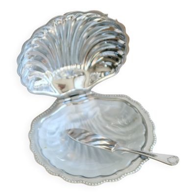 Beurrier vintage coquillage en métal argenté et verre avec couteau - Style