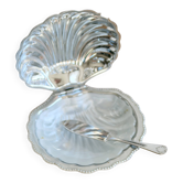 Beurrier vintage coquillage en métal argenté et verre avec couteau - Style
