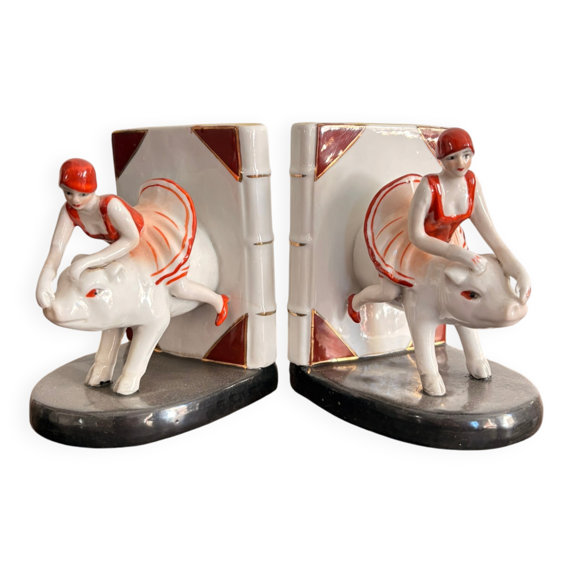 Old Pair of Bookends Porcelain White Girl Woman Equestrian Pig Art