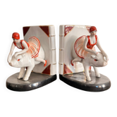 Old Pair of Bookends Porcelain White Girl Woman Equestrian Pig Art