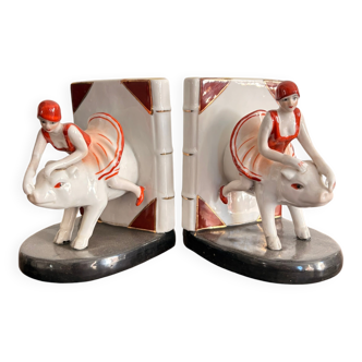 Old Pair of Bookends Porcelain White Girl Woman Equestrian Pig Art