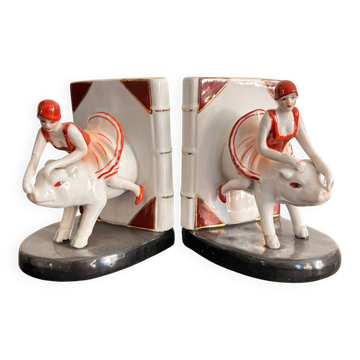 Old Pair of Bookends Porcelain White Girl Woman Equestrian Pig Art