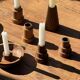 Pyramidal circular teak monoxyle candlestick H7 D5