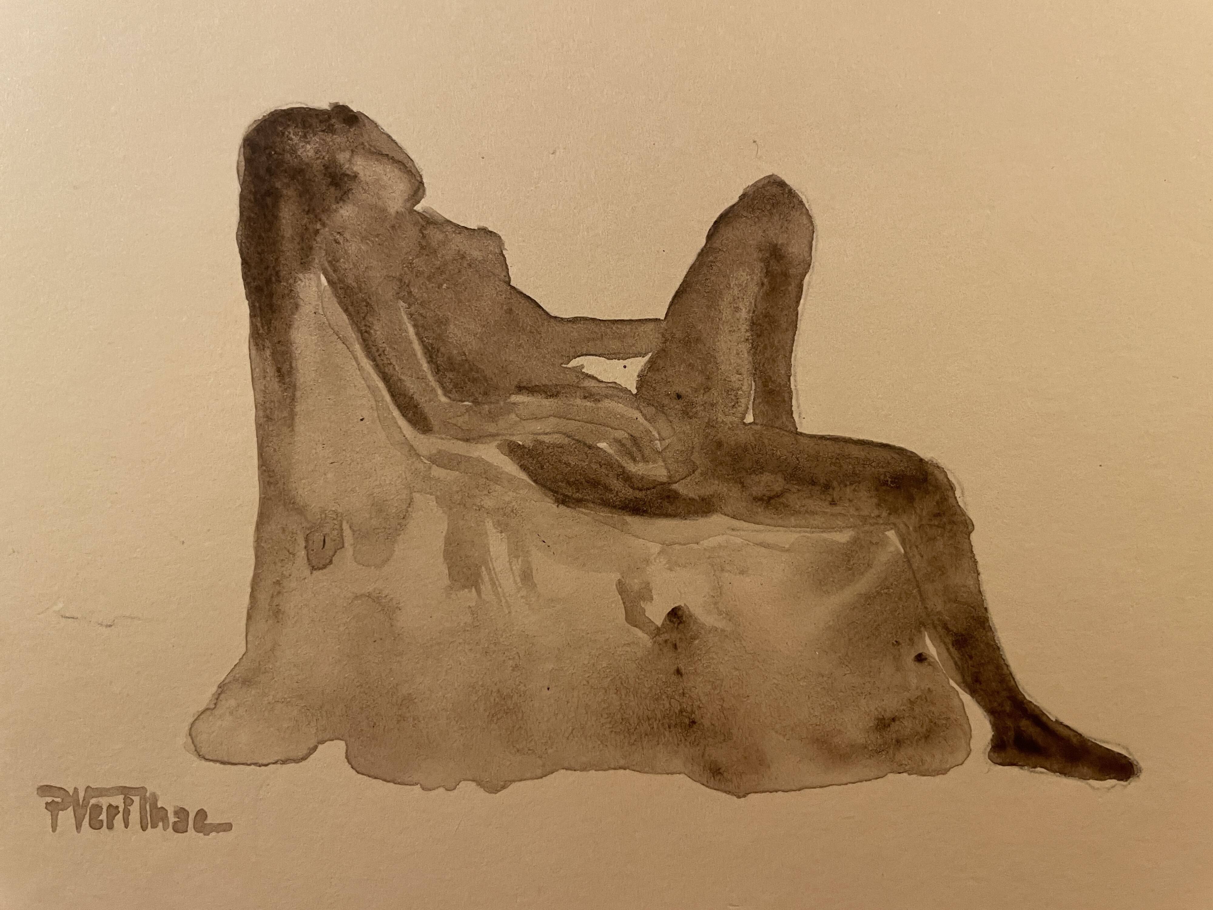 Tableau Aquarelle signé nu féminin au fauteuil
