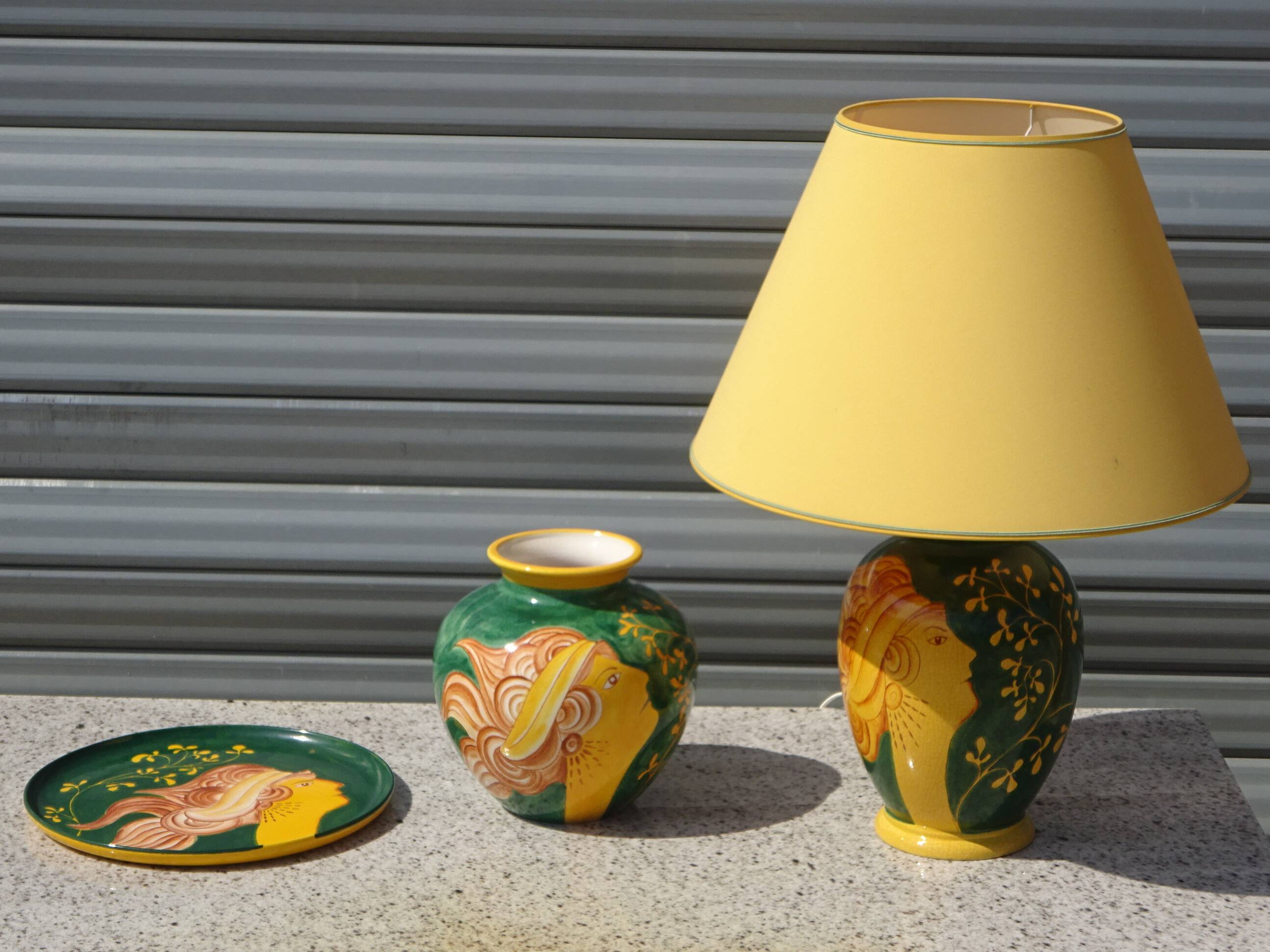 Ceramic lamp, vase and matching plate, Drimmer