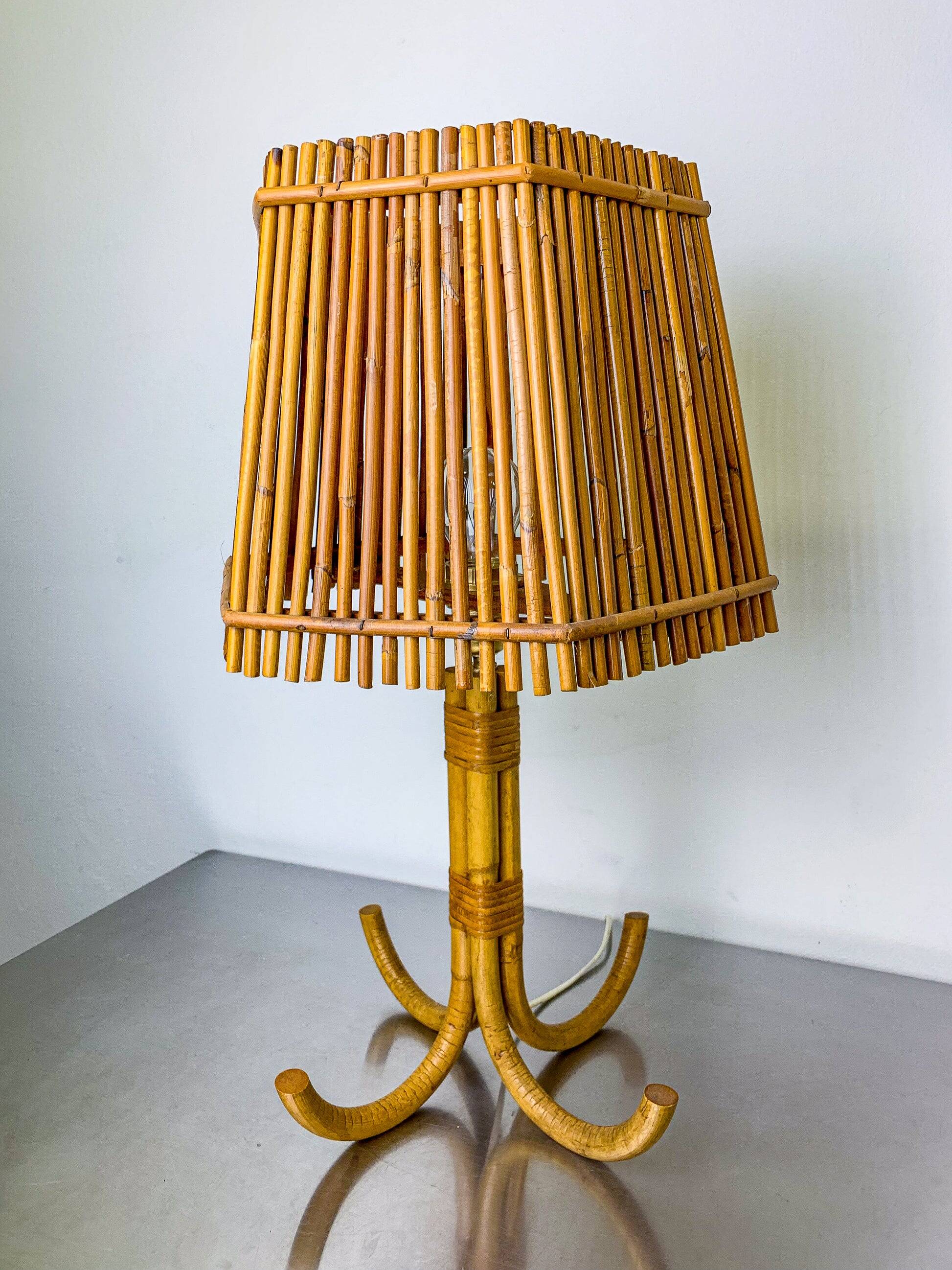 Large Louis Sognot French bamboo & rattan table lamp, France, 1960s