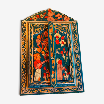 Ancien miroir marocain en bois peint bleu folk art