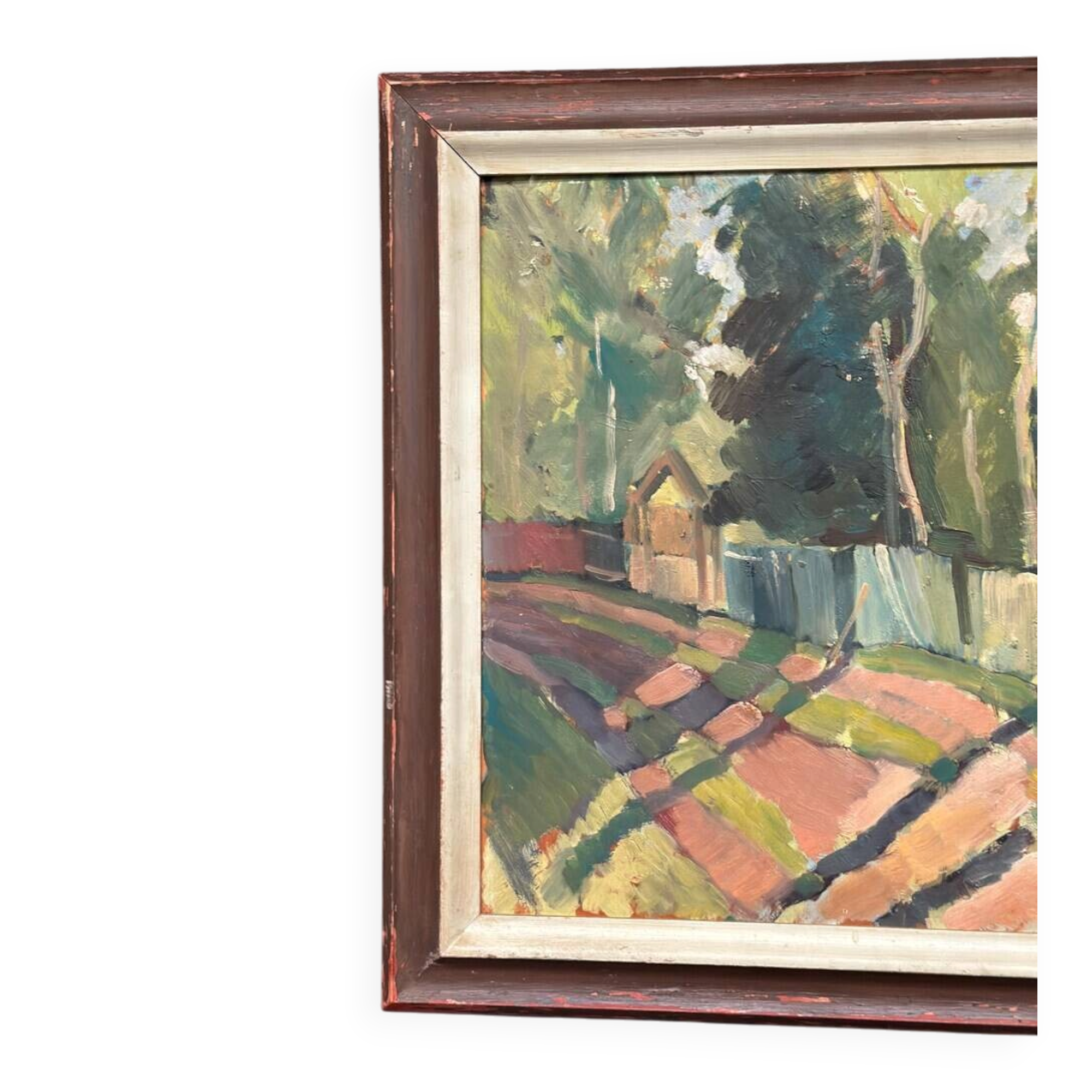 Original Swedish Oil on Panel - "Landscape with Fence" by Bajo - Signed - Vintage and Framed - 58 × 52 cm (22.8" × 20.5")