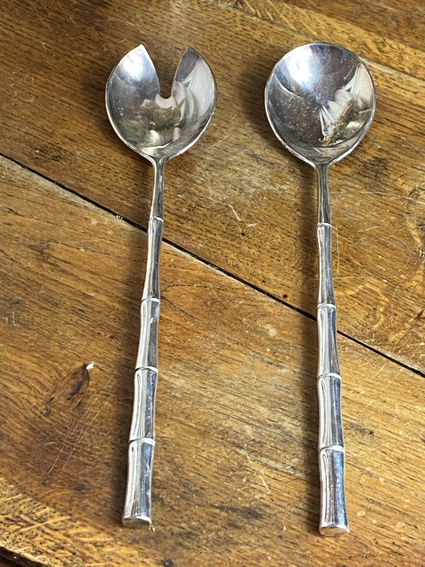 Bamboo-style serving cutlery in silver-plated metal