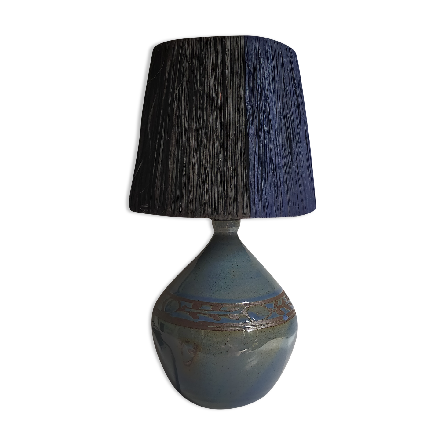 Vintage potter's ceramic table lamp, raffia lampshade