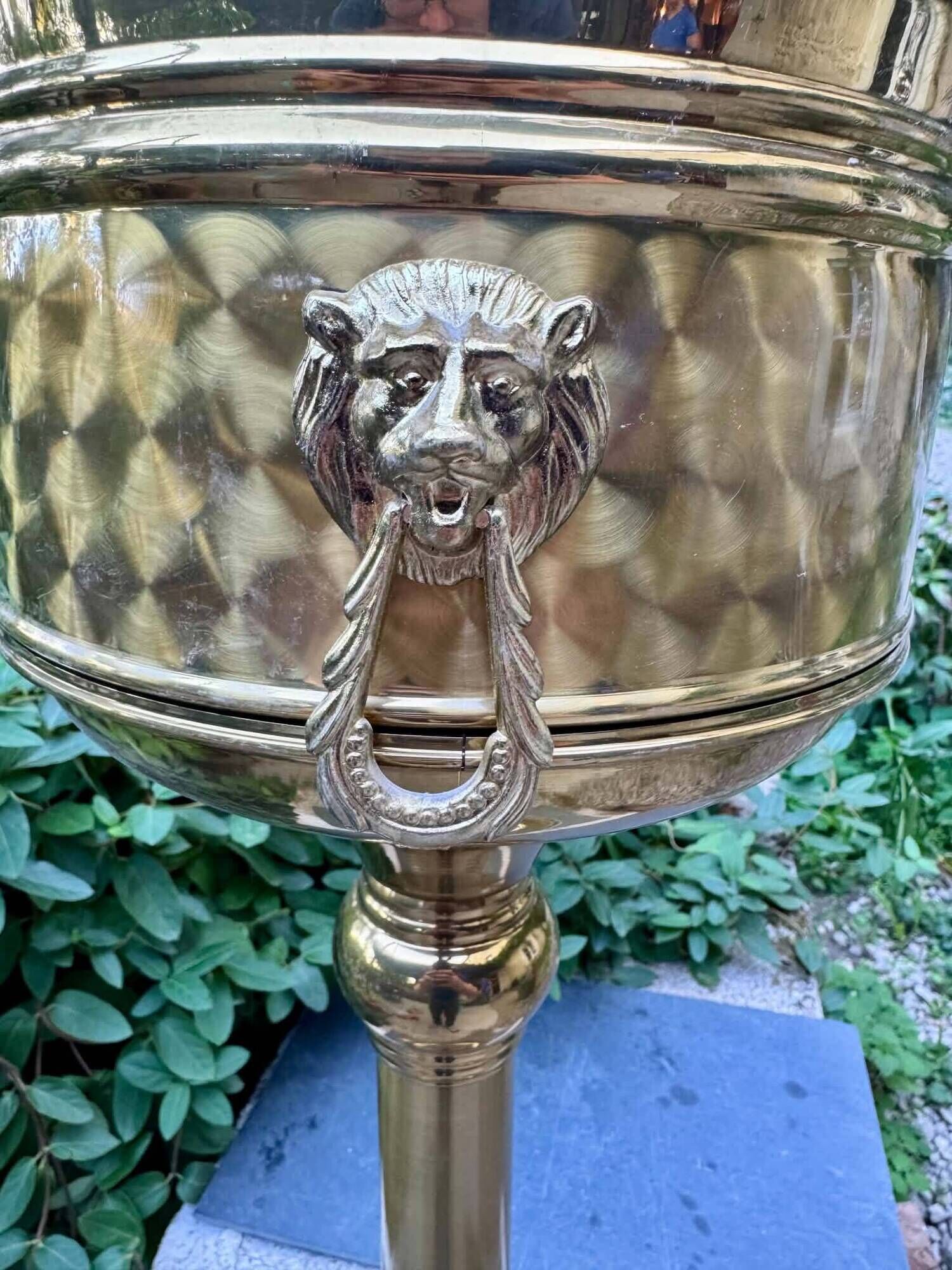 Large brass lion baroque planter on stand