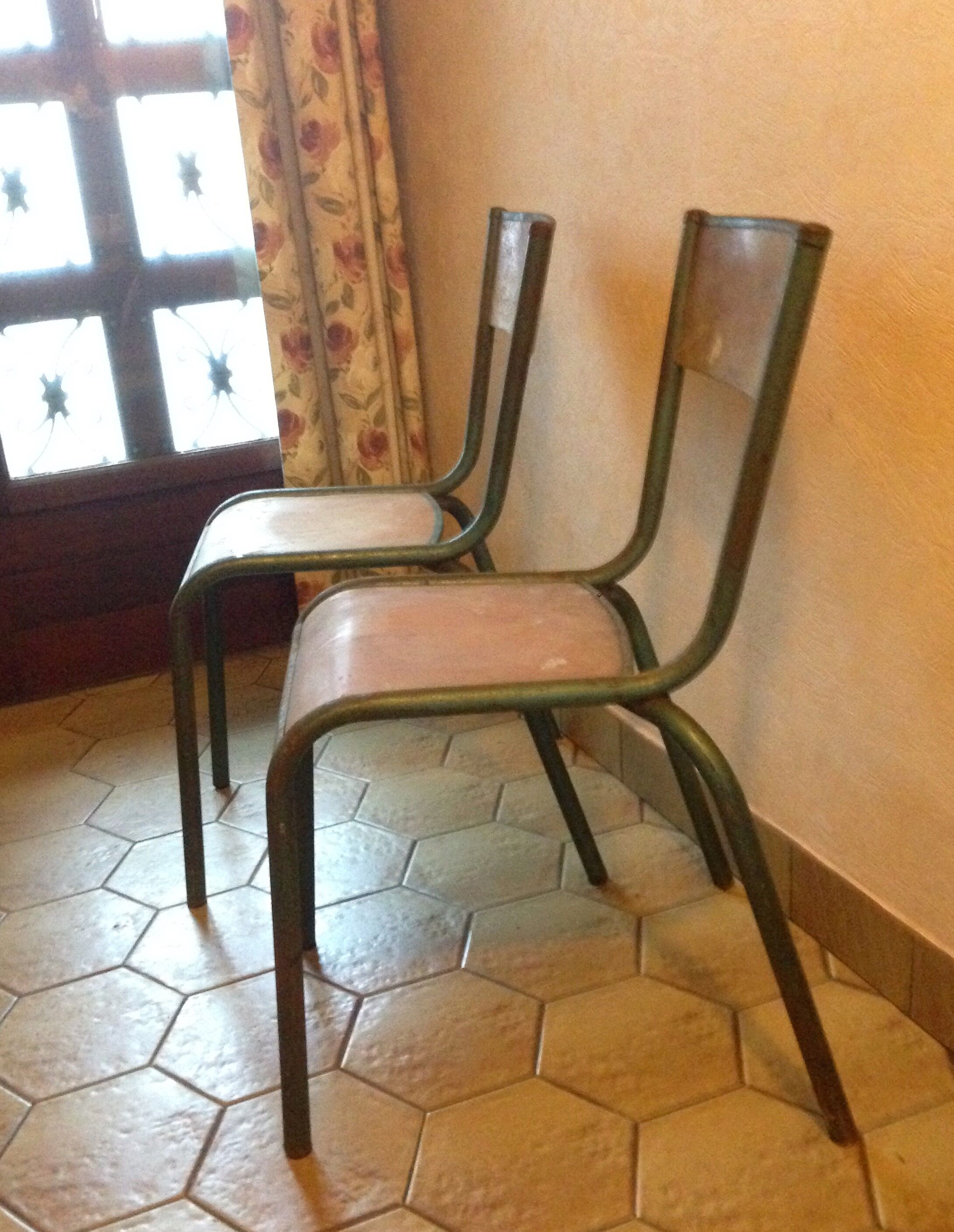 Pair of chairs school workshop wood and metal tubular