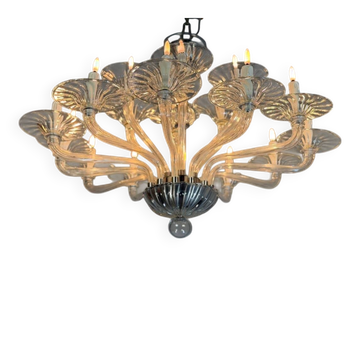 Venetian chandelier in colourless Murano glass, 18 light arms, circa 1990.