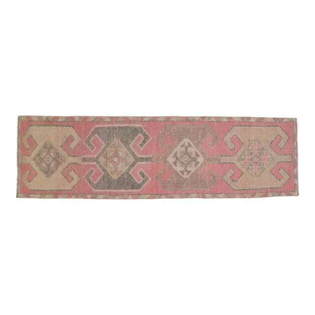 1970s Vintage Turkish Handmade Wool & Cotton Pink Runner Rug 100x339
