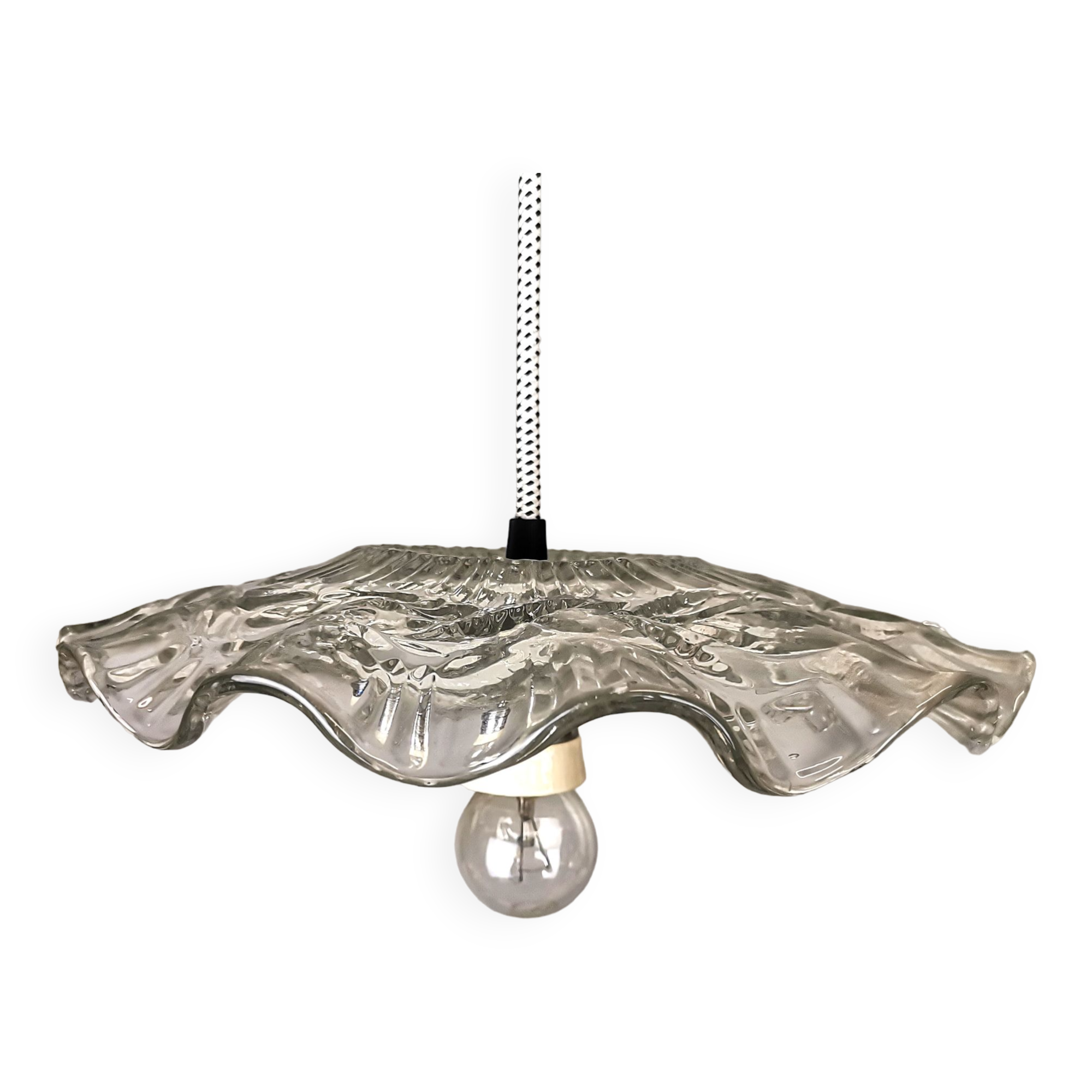 Portuguese farmhouse mid century clear floral glass dish pendant lamp 1960s