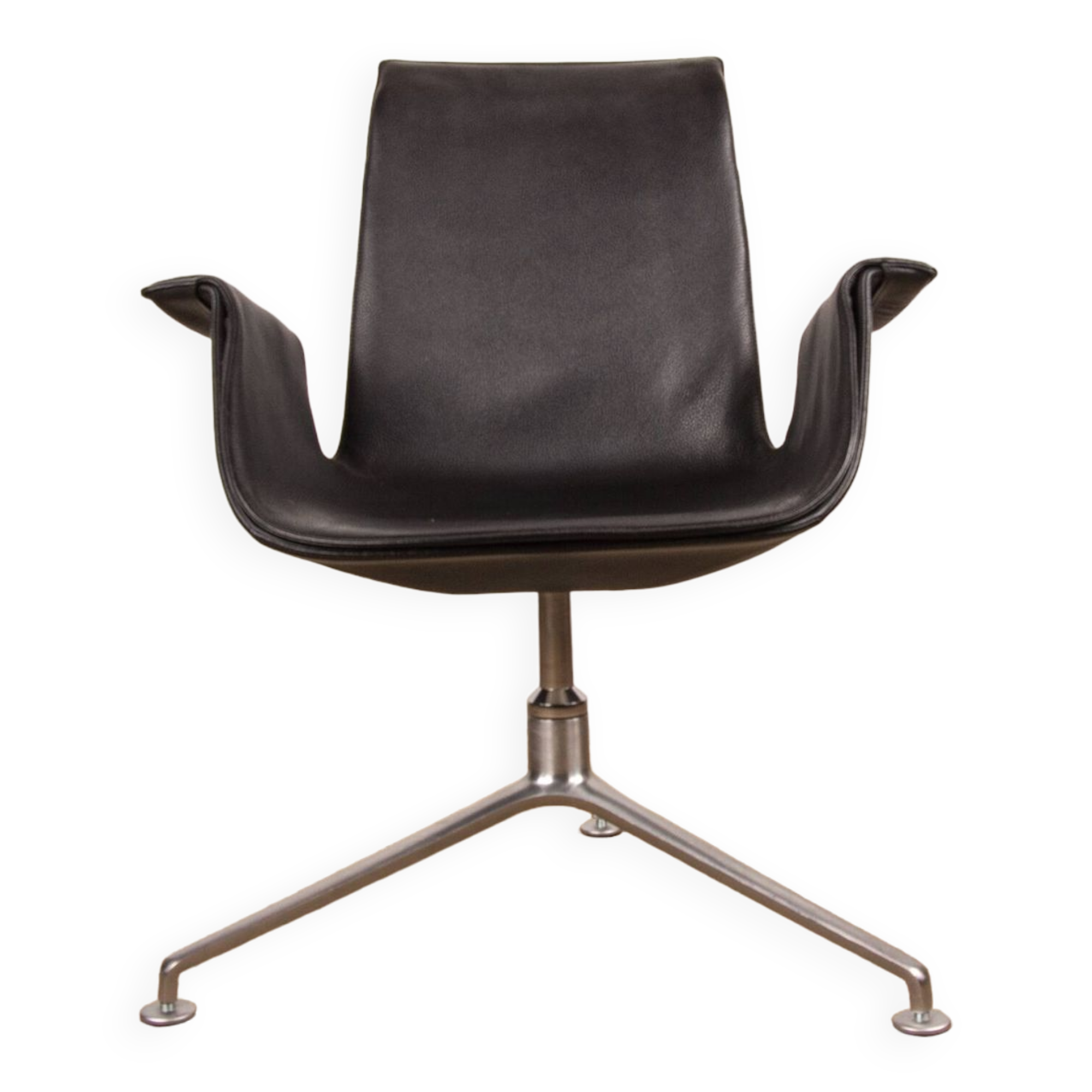 Danish armchair in black leather and chromed steel, model fk 6725 or “tulip chair” by preben fabricius