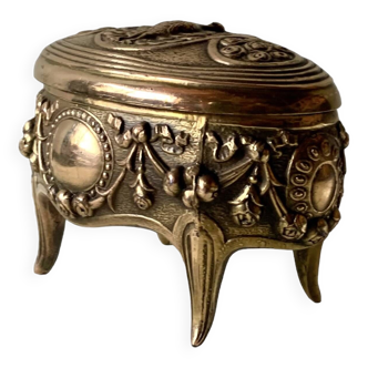 Ancienne boîte à bijoux en laiton - décor paon
