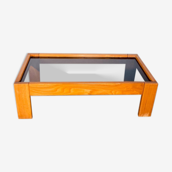 Coffee table 1970 elm and smoked glass, italy