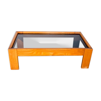 Coffee table 1970 elm and smoked glass, italy