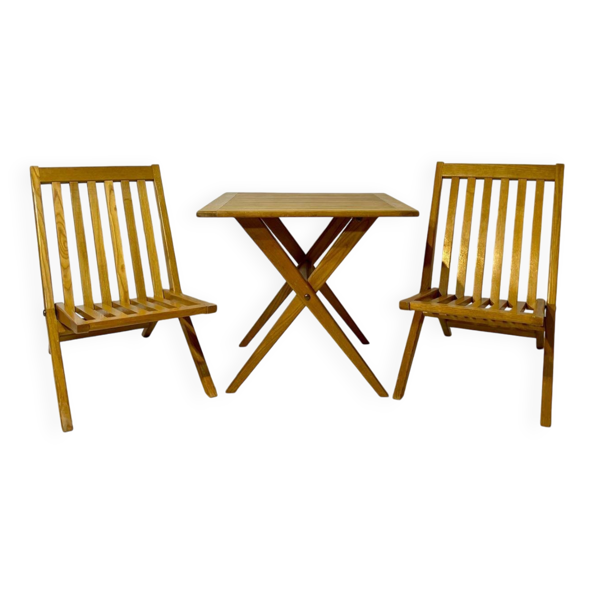 Vintage design solid wood scissor chairs and table from the 1970s