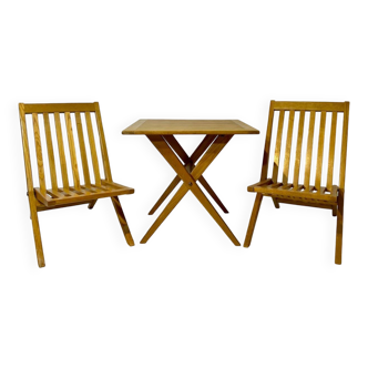 Chaises et table ciseaux en bois massif design vintage années 1970