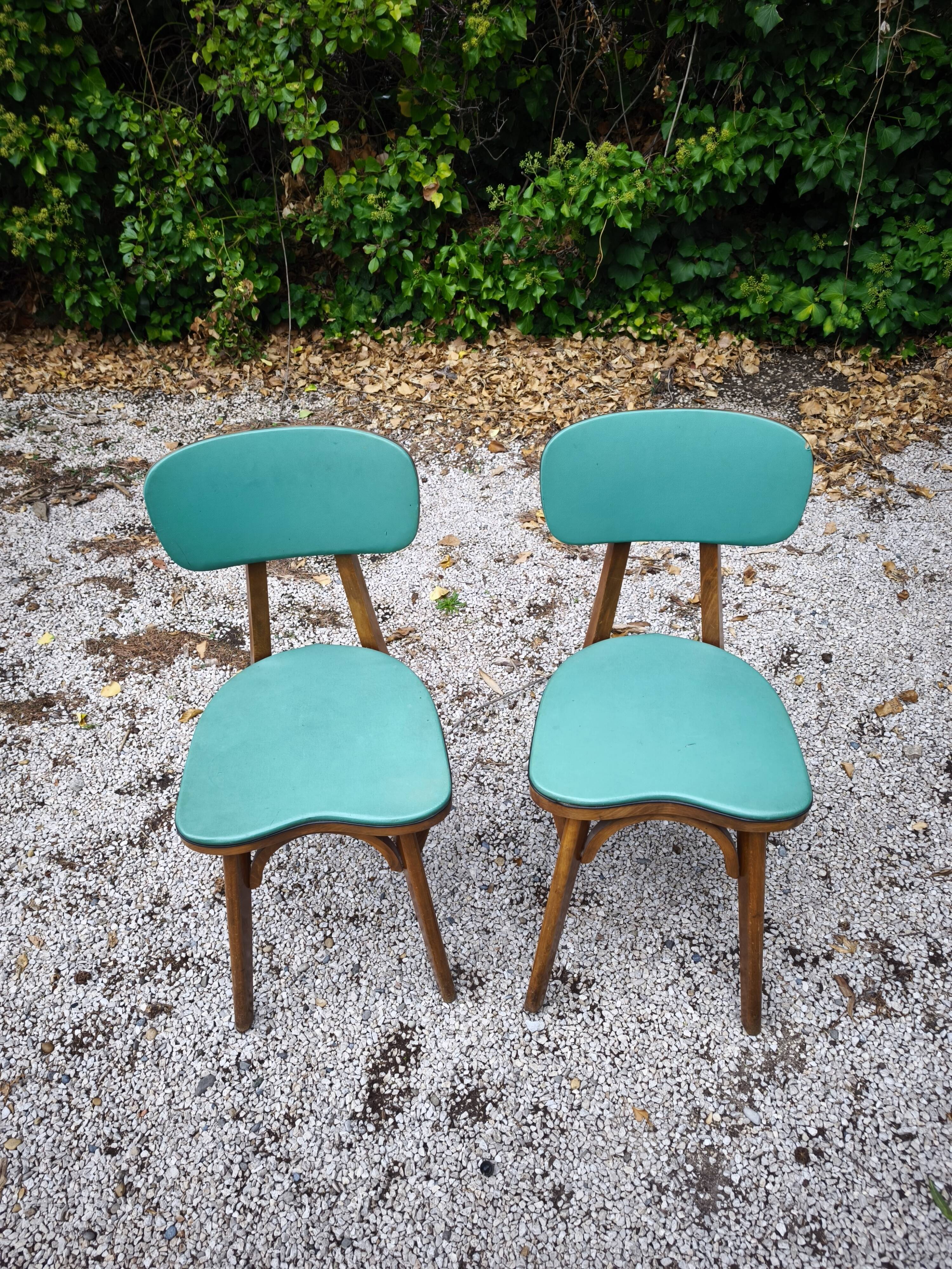 Set of 2 wooden/green chairs