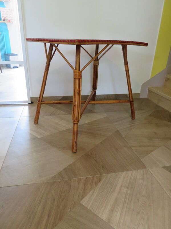 Table de jeu en bois, bambou et rotin, années 60