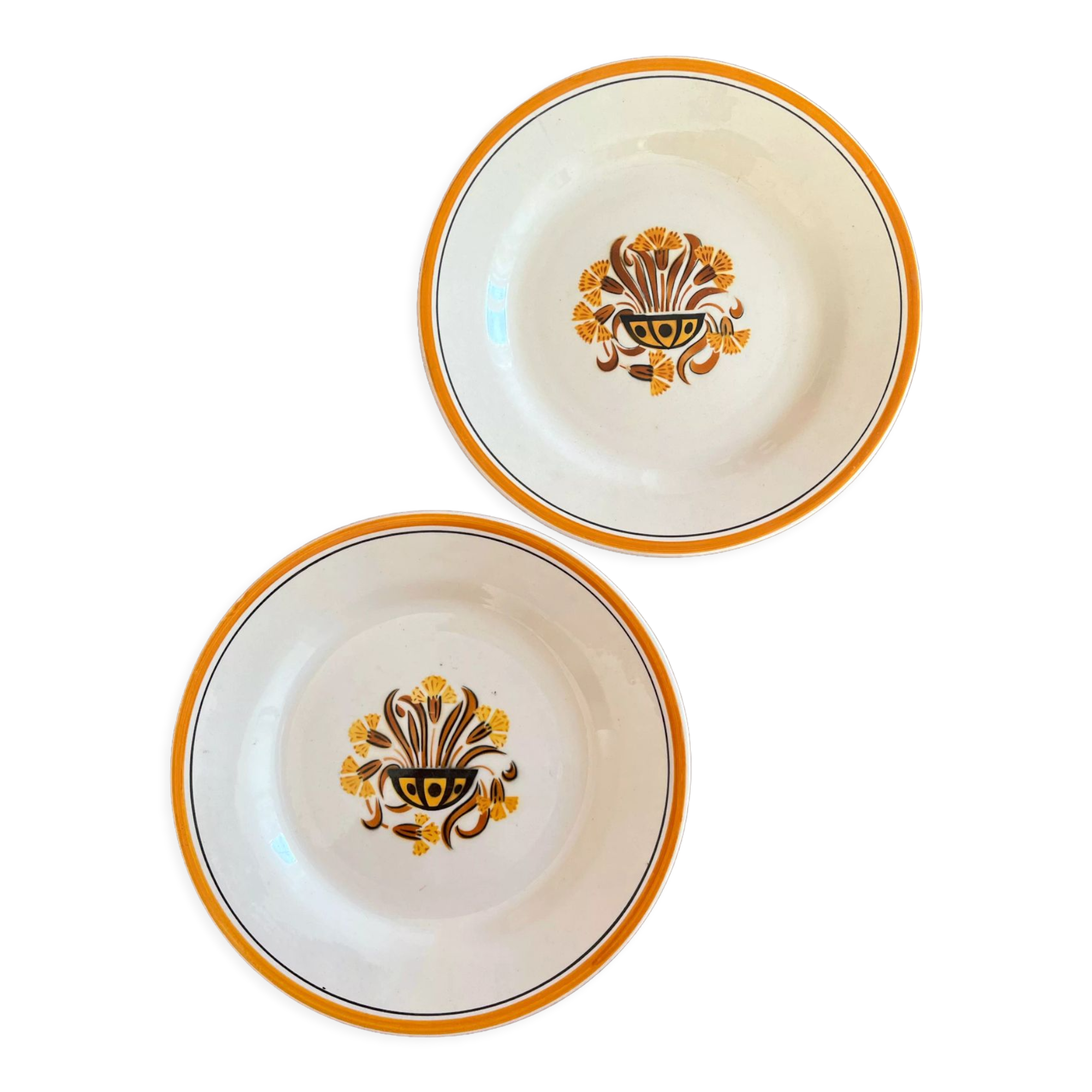 2 flat ironstone plates, Carnations, Creil and Montereau