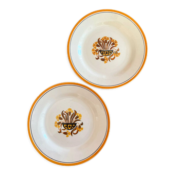 2 flat ironstone plates, Carnations, Creil and Montereau