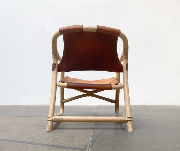 Chaise de salon safari en bambou et cuir danois du milieu du siècle, années 1960