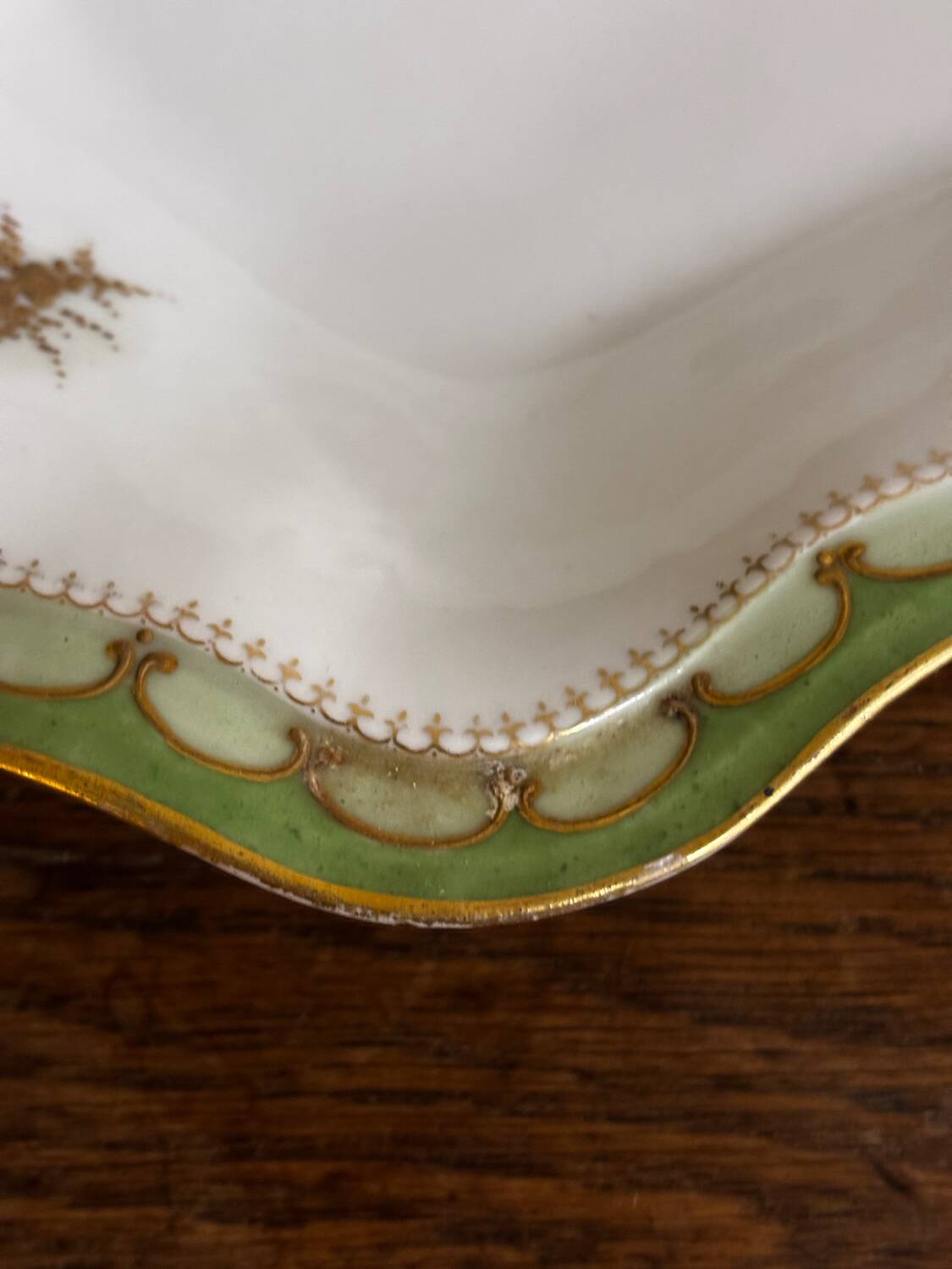 Vintage large rectangular green serving platter with Limoges gilt trim