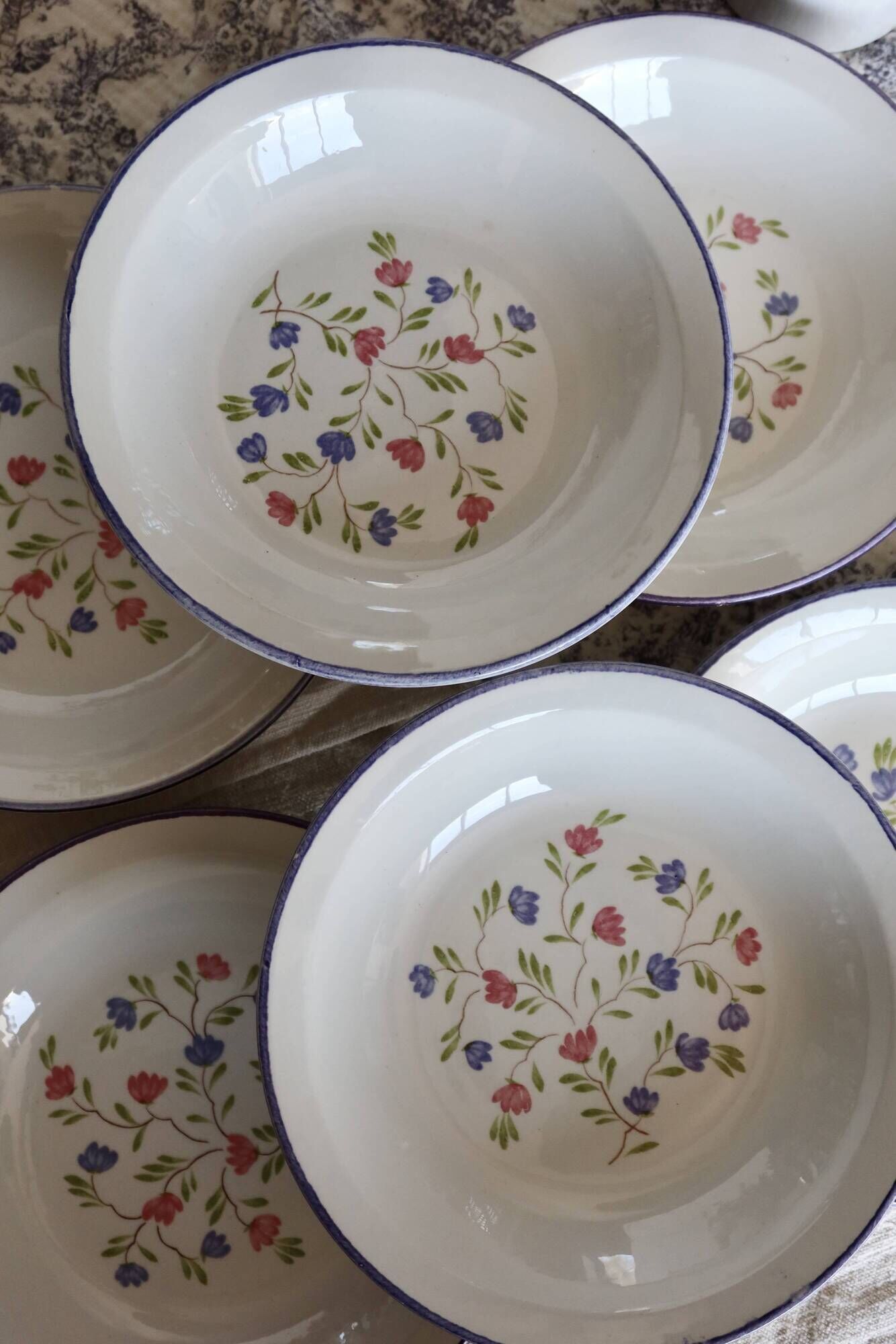 6 vintage porcelain Moulin des Loups soup plates with lilac floral pattern