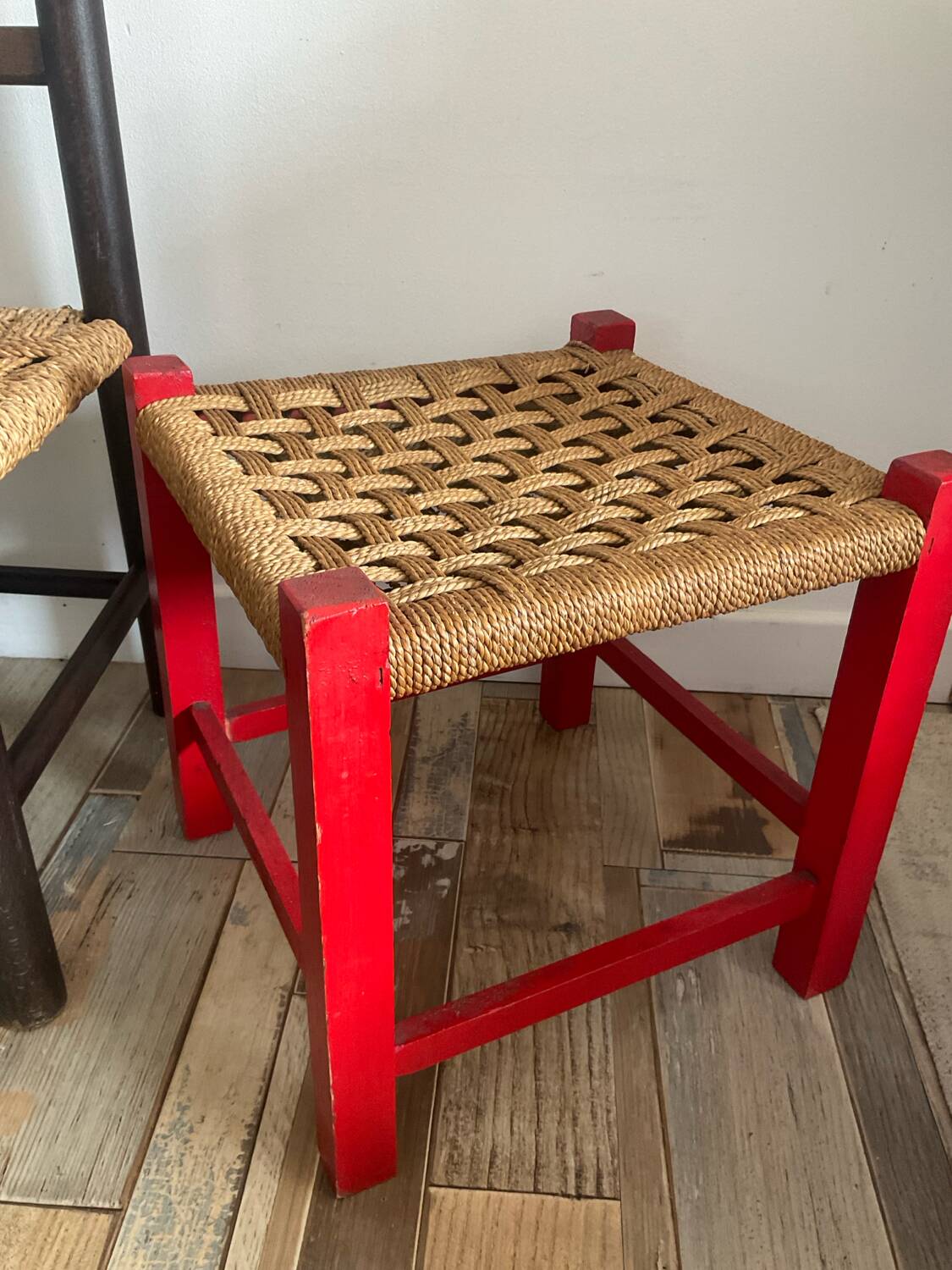 Pair of vintage children's chairs with rope and wood seats