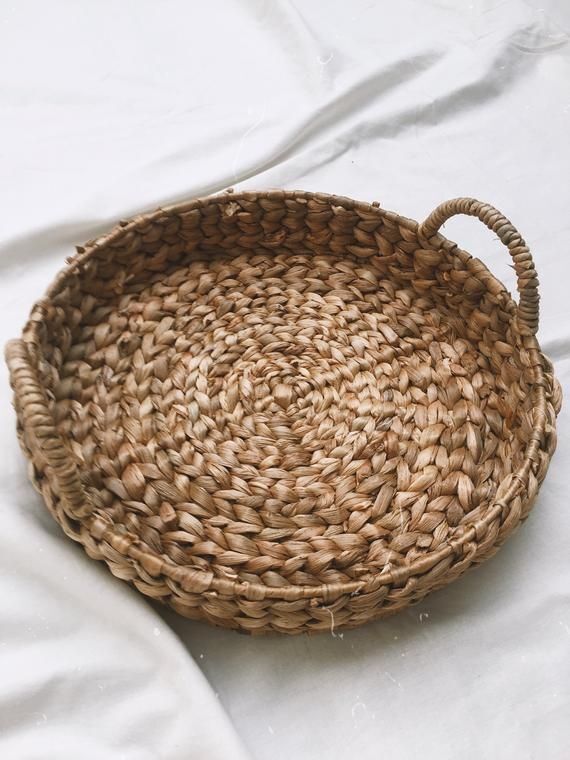 Plateau rond en rotin tressé vintage 33 cm