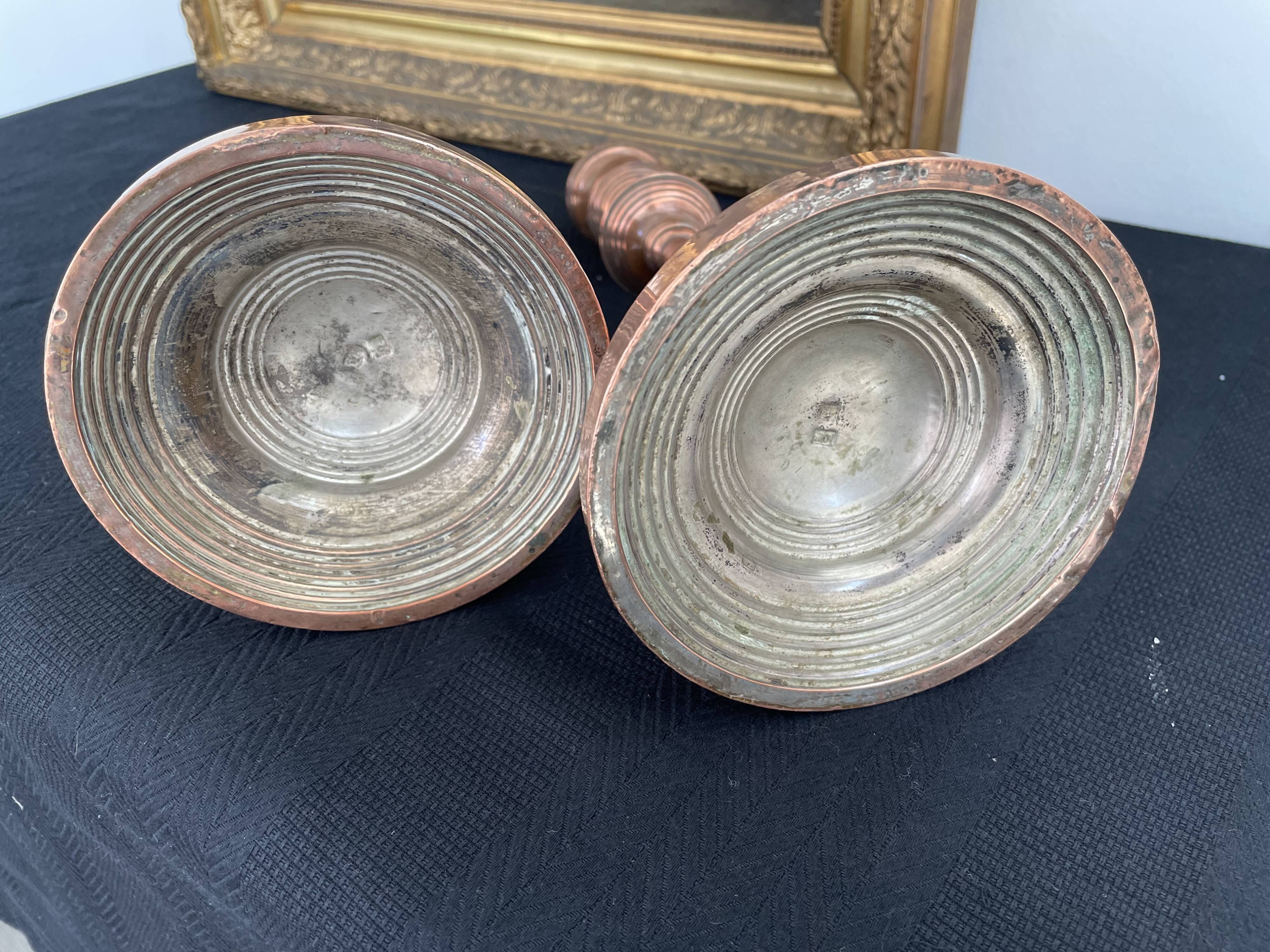 Antique, pair of candle holders, copper, brass, candle, goldsmith hallmark, old, large, massive, France