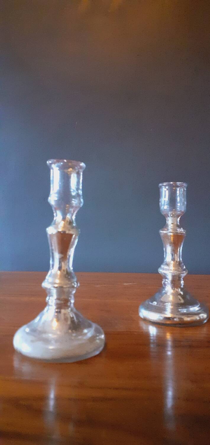 Pair Of Old Candlesticks In Eglomized/Mercurized Glass