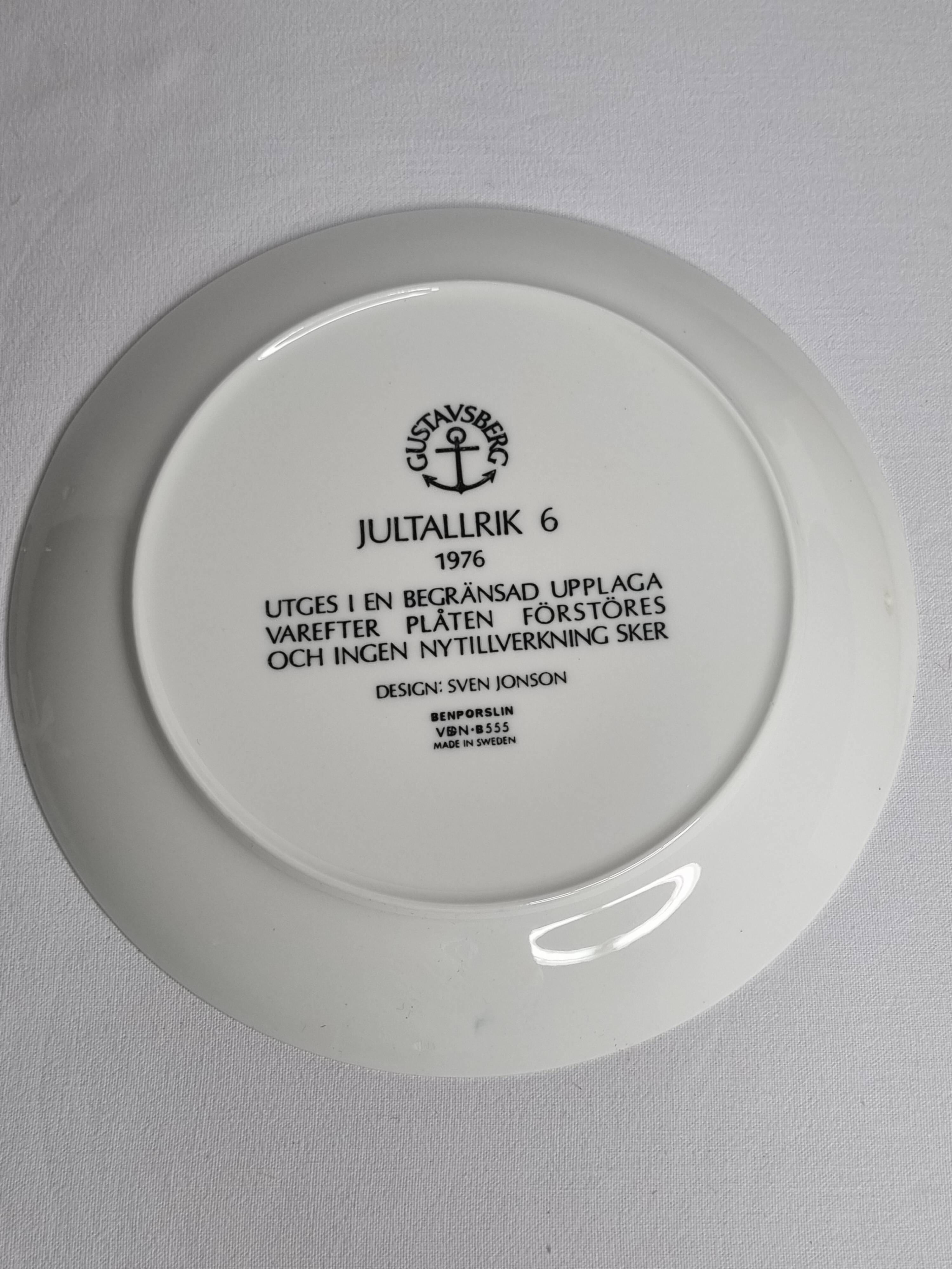 Gustavsberg Christmas plate "Jultallrik 6", design Sven Jonson, 1976, limited edition, 20 cm